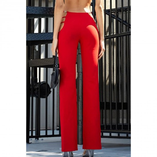 Women's Low Waist flared leggings Hollowed Out Ladder Bootcut Flare Pants punk style Stretch Yoga Pants Red