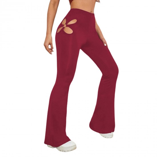 Women's High Waisted flared leggings Cut Out Stretchy Ladder Bootcut Yoga Pants Wine Red