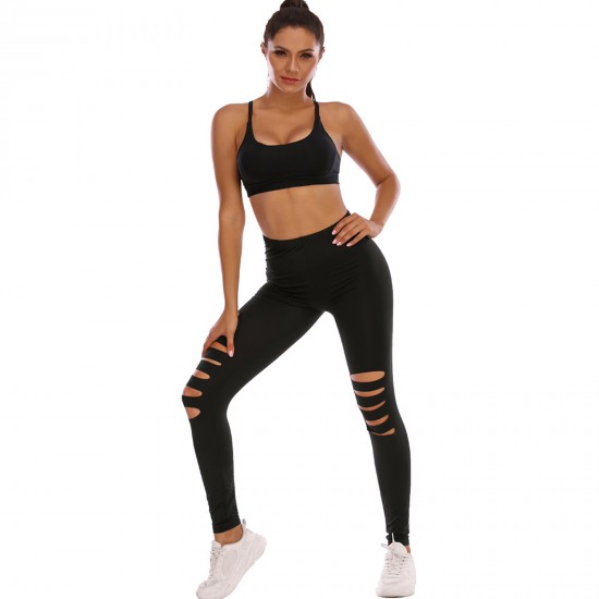 Women's High Waisted perforated leggings Cutout Ripped Tight Stretch Yoga Pants Black