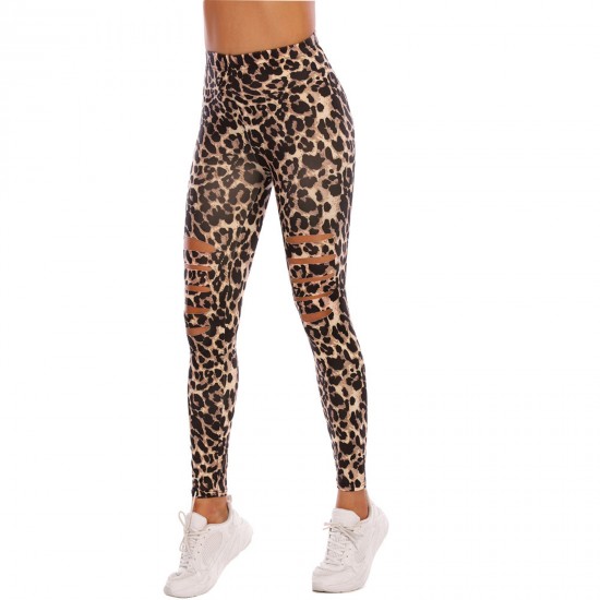 Women's High Waisted perforated leggings Cutout Ripped Leopard Print Tight Stretch Yoga Pants Coffee