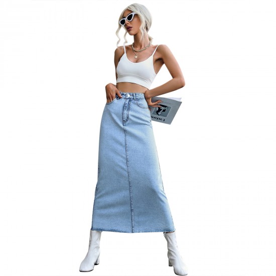 Wommen's High Waisted Denim Length Skirts Slim Flared A-line Versatile Casual Solid Long Skirts Blue