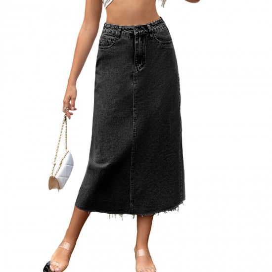 Wommen's High Waisted Denim Length Skirts Slim Flared A-line Versatile Casual Solid Long Skirts Black