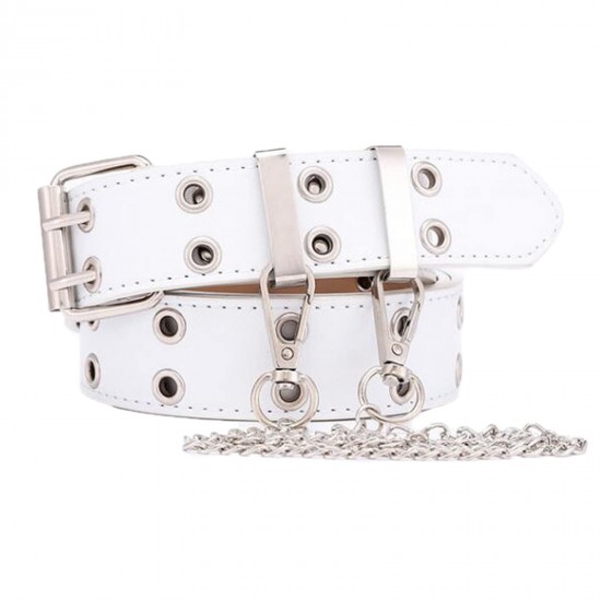 Womens Double Grommets Leather Jeans Belt Punk Studded Belt Rock Belt white